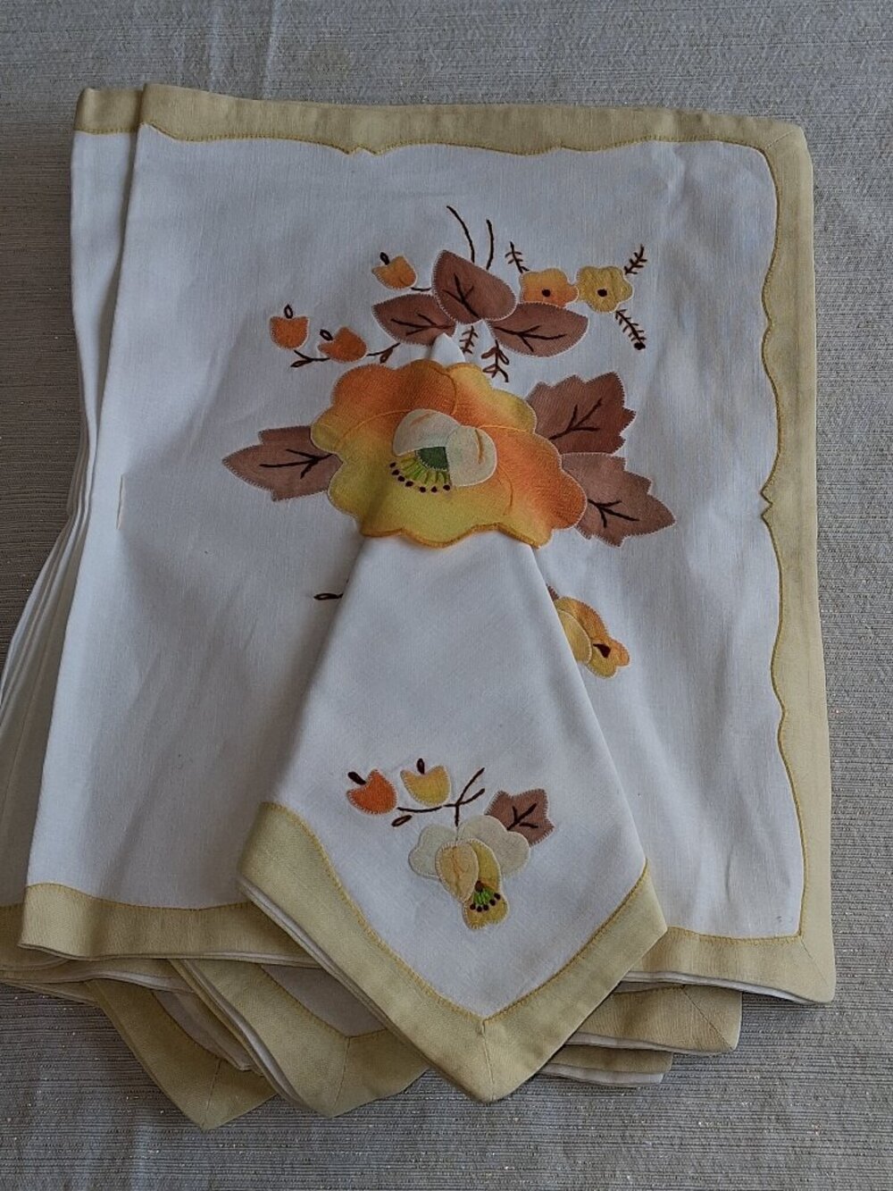 MCM Vintage Embroidered Linen Orange Yellow Floral Placemats + Napkins Set of 4
